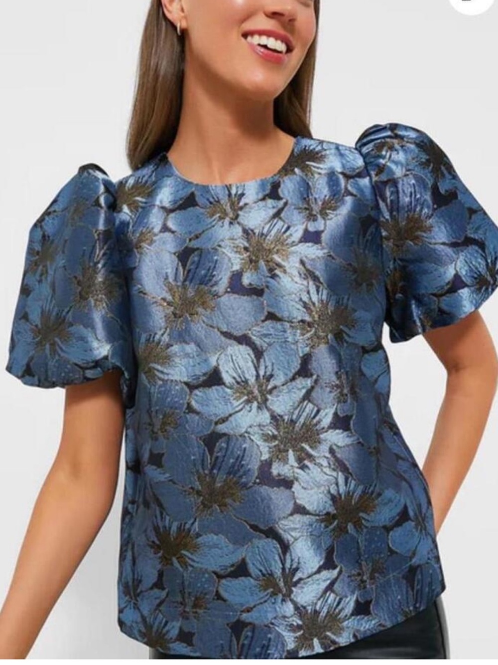Tuckernuck Pomander Place Blue metallic Floral Puff-Sleeve Top
